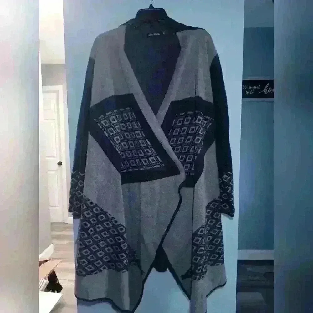 KENISTON Black Brown And Tan Fuzzy‎ Knit Open Front Long Cardigan